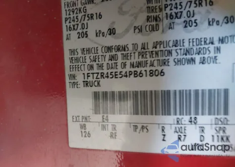 2004 Ford Ranger Edge/Tremor/Xlt из США, поврежденный, VIN 1FTZR45E54PB61806